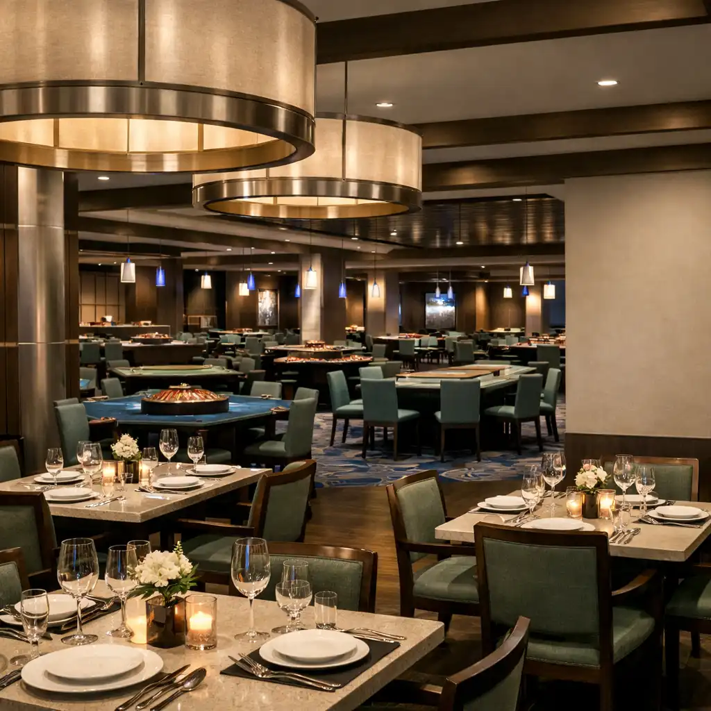 Szerokie wnętrze CraftedDining z restauracyjnymi stołami na pierwszym planie i fizycznymi stołami Casino Lounge w dalszej części przestrzeni.