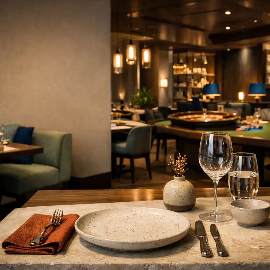 Nakryty stół restauracyjny w CraftedDining, za którym dyskretnie widoczna jest fizyczna strefa Casino Lounge.