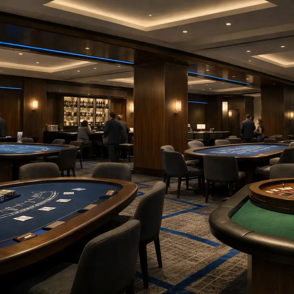 Wnętrze fizycznego Casino Lounge z prawdziwymi stołami i przygaszonym światłem