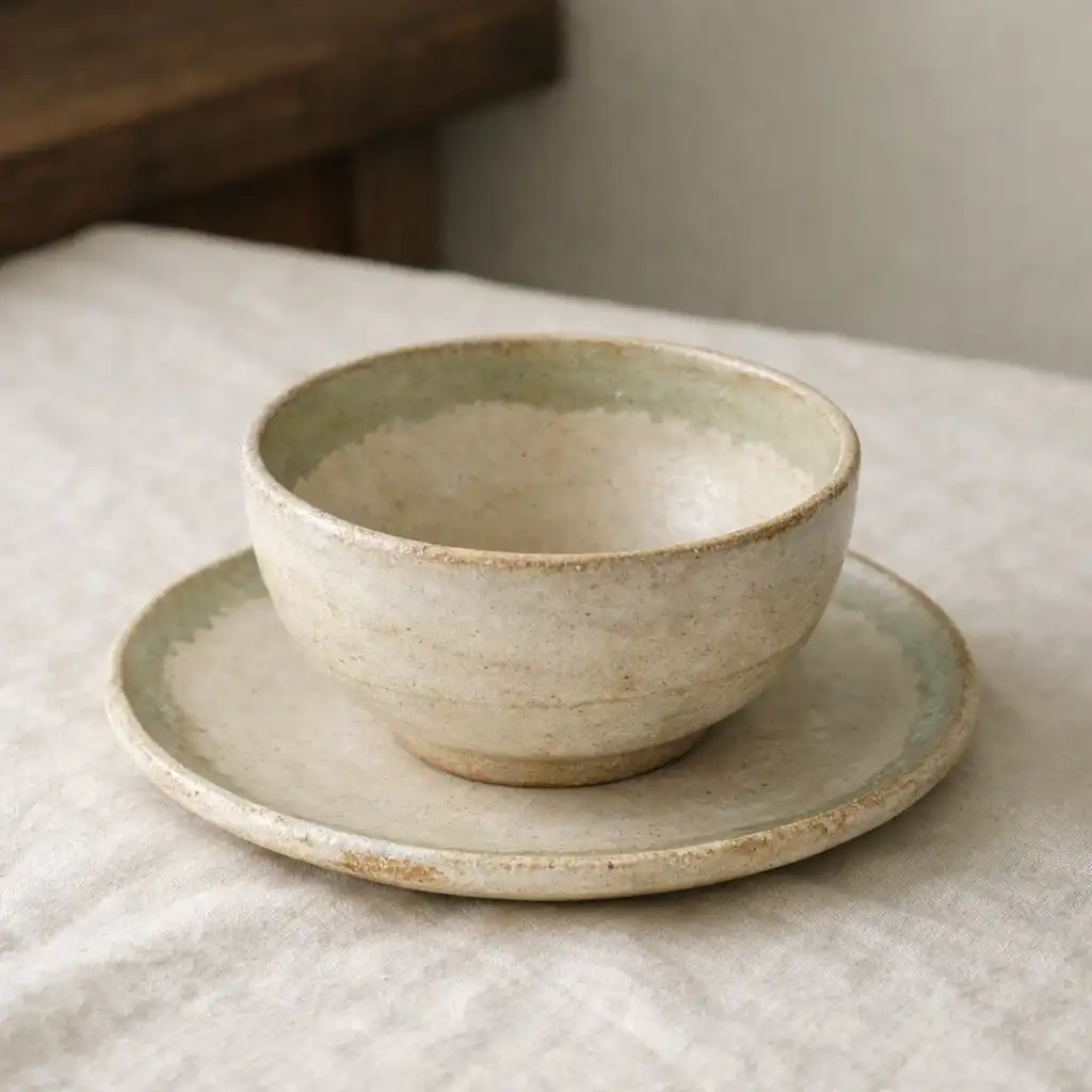 Ręcznie wykonana ceramiczna misa i talerz na jasnym obrusie