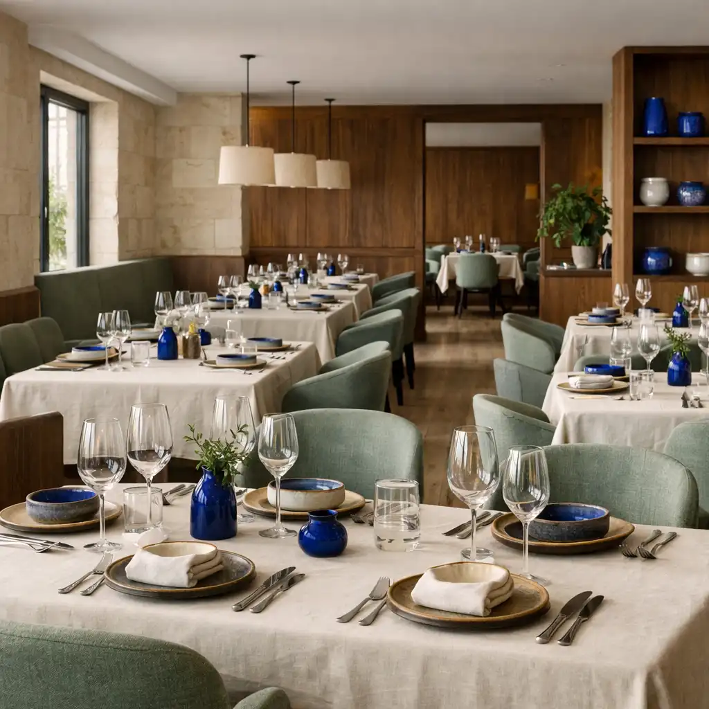 Jasna sala restauracyjna z nakrytymi stołami, kamieniem, dębem i szałwiową tapicerką