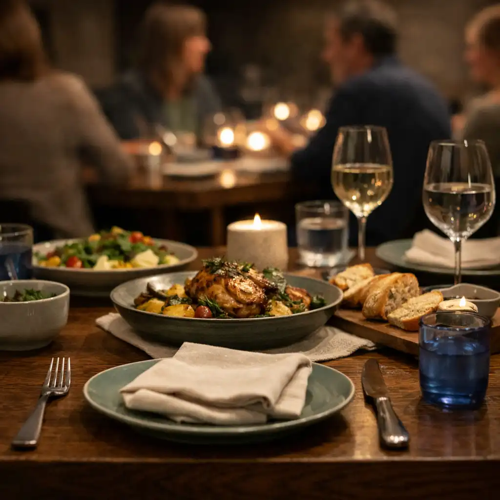 Wieczorny stół restauracyjny z porcelaną, lnem i miękkim światłem