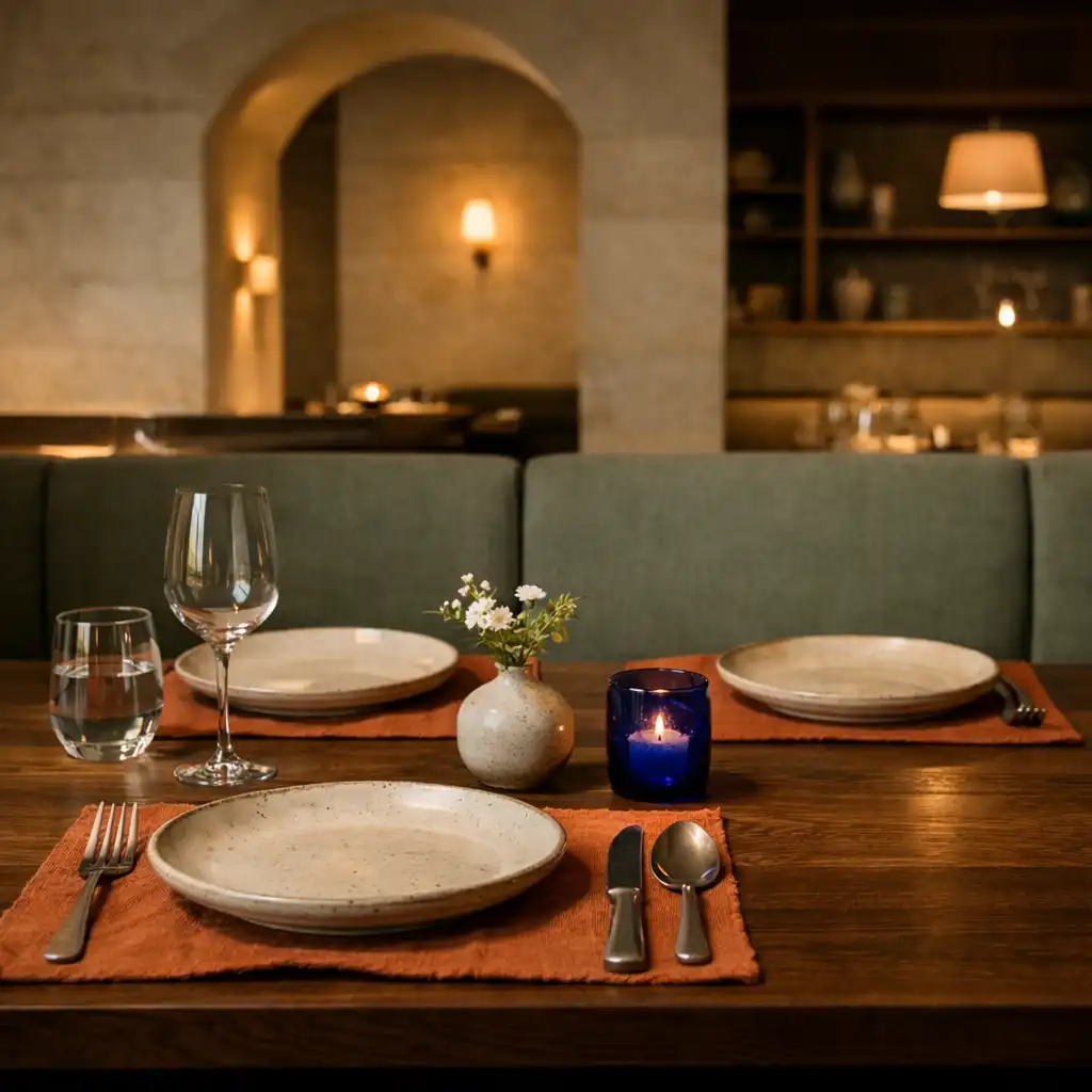 Stół przygotowany do kolacji z ceramiką, lnem i wnętrzem restauracji w tle