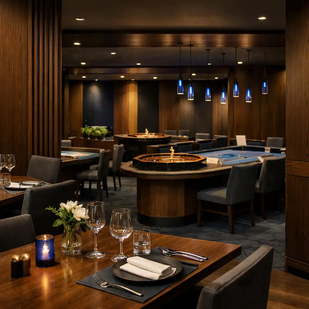 Fizyczne wnętrze Casino Lounge z rzeczywistymi stołami w przygaszonym świetle