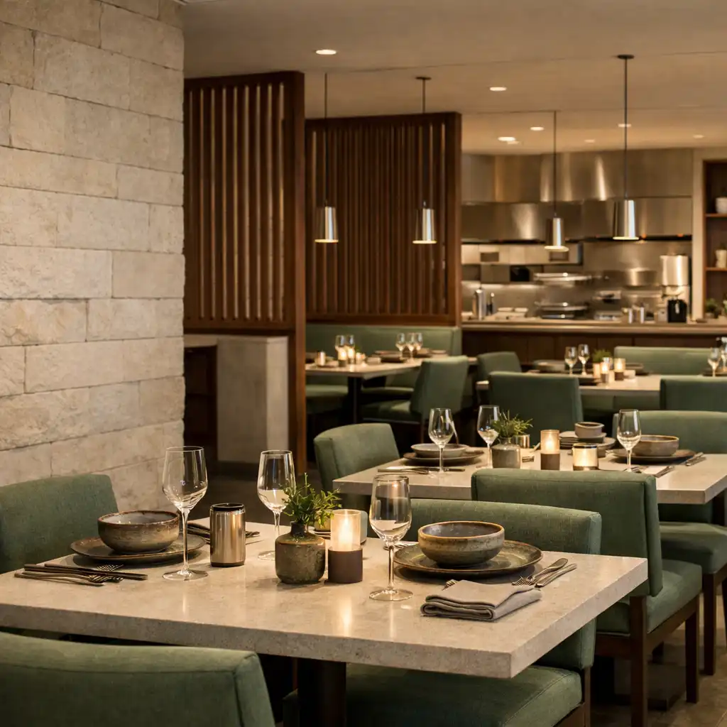 Otwarta sala restauracyjna ze szałwiowymi siedziskami, ciemnym dębem i jasnym kamieniem